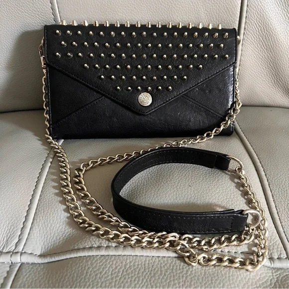 Rebecca Minkoff Crossbody Bag Studded Chain Black Leather Gold Biker Grunge Rock - Picture 1 of 16